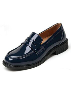 Women's Blue Patent Leather Penny Loafers Shiny Slip On Chunky Oxford Flat Shoe